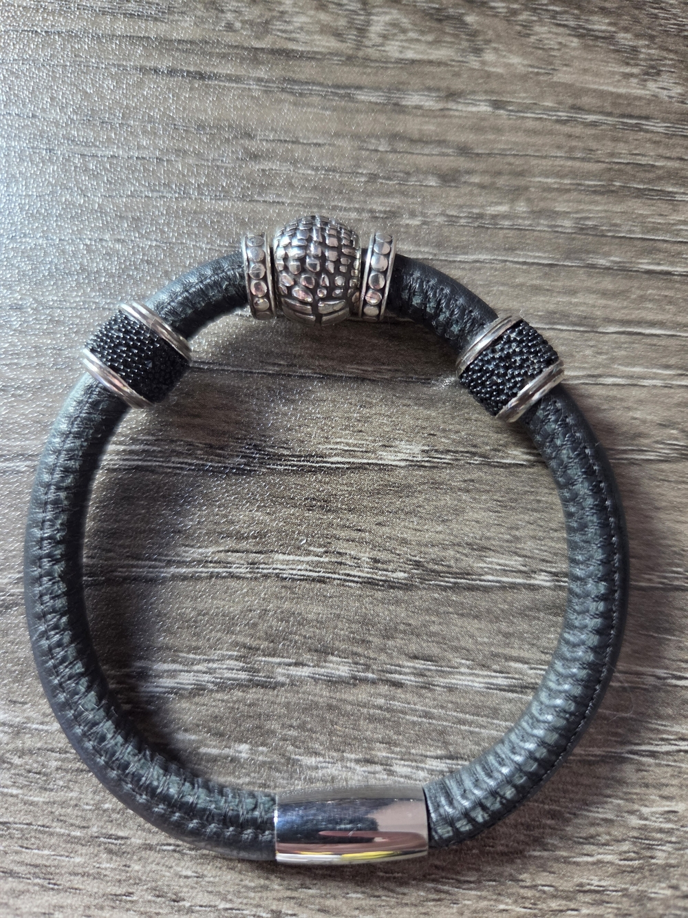 Brighton black leather & silver-tone magnetic charm bracelet